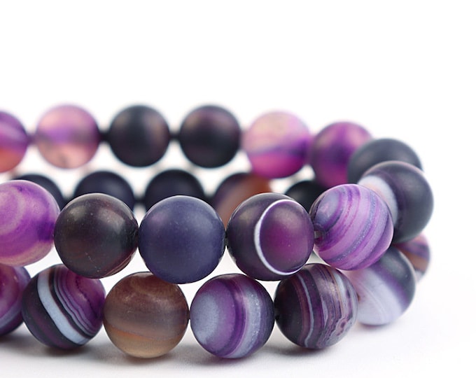 Stripe Agate Beads | Matte Purple | Round Natural Gemstone Loose Beads | Sold by Strand | Size 4mm 6mm 8mm 10mm 12mm 14mm