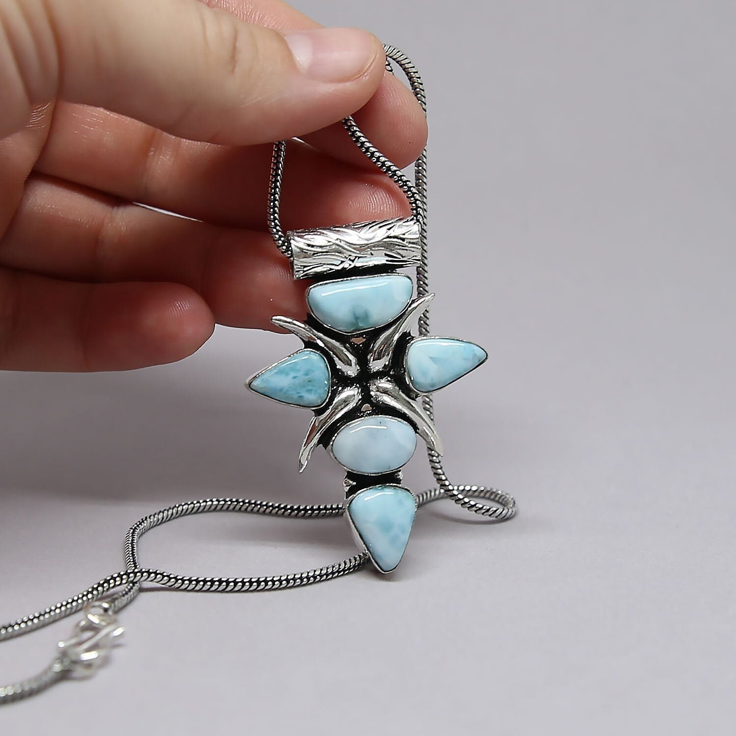 Unique Dominican Blue Larimar Gemstone 925 Sterling Silver Pendant Necklace