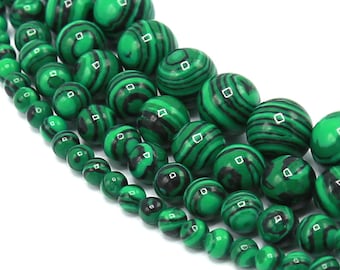 Cuentas de malaquita verde / Perlas sueltas de piedras preciosas sintéticas redondas / Vendido por hebra de 15 pulgadas / Tamaño 4 mm 6 mm 8 mm 10 mm 12 mm 14 mm