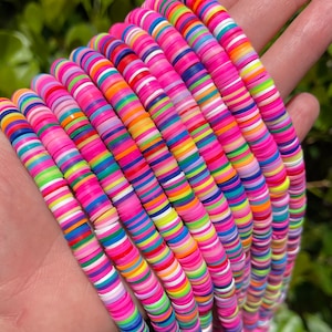 5 Strands of 8mm Neon Pink Rainbow Polymer Clay Heishi Disc Beads