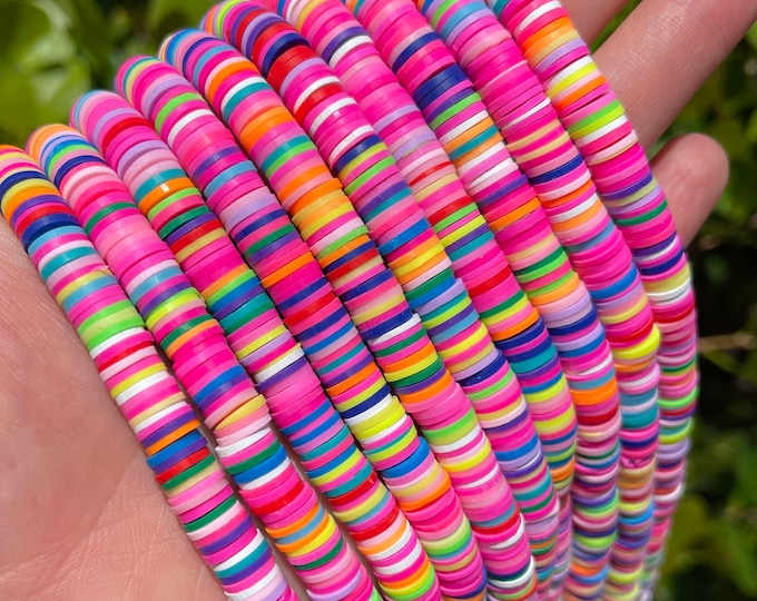 8mm Vinyl Heishi Disc Beads | Neon Pink Rainbow | Polymer Clay Beads | African Vinyl Beads | Vinyl Disc Beads | 350-400 Beads Per Strand