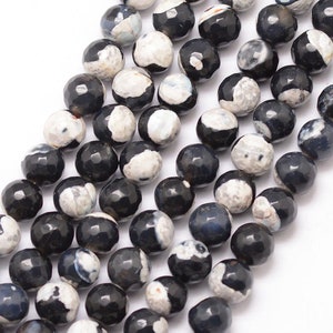 Faceted Black White Fire Agate Beads: 15 Inch Strand (6mm-12mm)