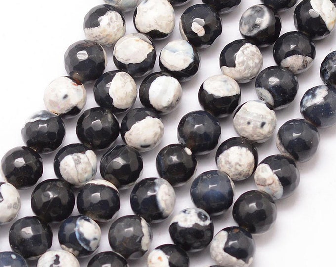 Natural Black White Fire Agate Gemstone Faceted Round Beads | Sold by 15 Inch Strand | Size 6mm 8mm 10mm 12mm