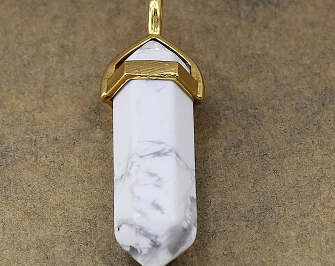 ONE Natural White Howlite Gemstone Faceted Bullet Pendant | Gold Color Zinc Alloy Bail | Size 36-40x12mm