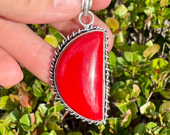 Natural Red Coral Pendant 925 Sterling Silver Vintage Style Gemstone Pendant Focal Bead Size 2 Inch