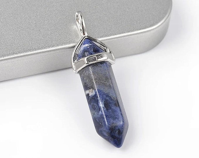 ONE Natural Blue Sodalite Gemstone Faceted Bullet Pendant | Silver Color Zinc Alloy Bail | Size 36-40x12mm