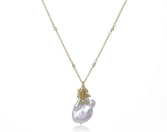 18K Gold Plated Baroque Pearl Chain Necklace with Green Peridot Gemstone