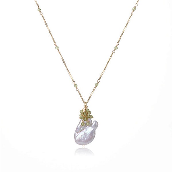 Baroque Pearl Chain Necklace with Green Peridot | 18K Gold Plated Chain | Length 16 Inch
