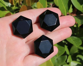 ONE Natural Black Agate Gemstone Merkaba Faceted Hexagon Pendant | Size 25mm | Hole 2mm