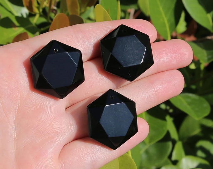 ONE Natural Black Agate Gemstone Merkaba Faceted Hexagon Pendant | Size 25mm | Hole 2mm