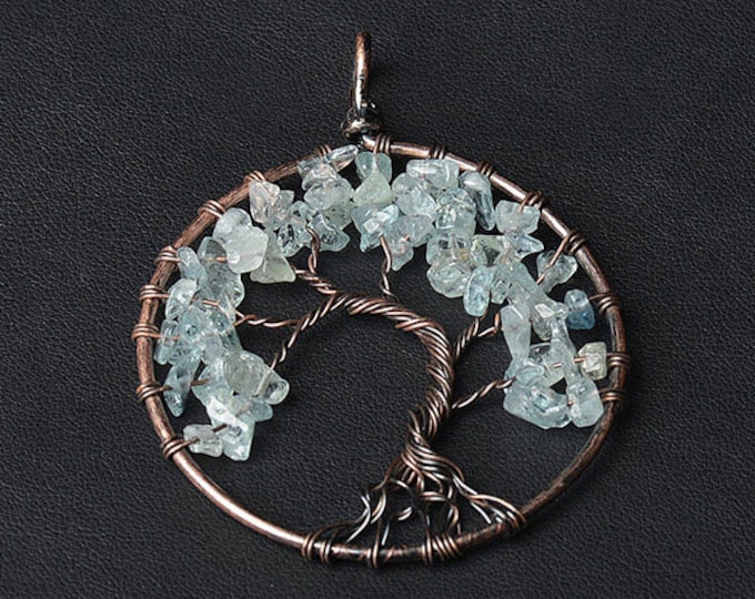 Blue Aquamarine Tree of Life Gemstone Pendant | Chakra Healing Pendant | Size 50mm