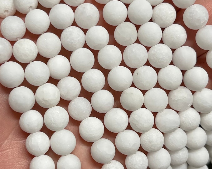 Matte White Jade Beads | Round Natural Gemstone Beads | Sold by 15 Inch Strand | Size 8mm