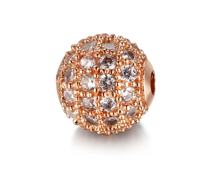 Cubic Zirconia Micro Pave Brass Round Bead | Clear Crystal | Rose Gold Plated | Sold Individually | Size 8mm 10mm