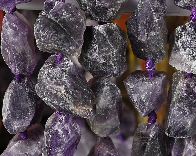 Natural Raw Dark Purple Amethyst Gemstone Drilled Nuggets Beads | Sold by 7 Inch Strand | Size 16-20x23-28x8-15mm