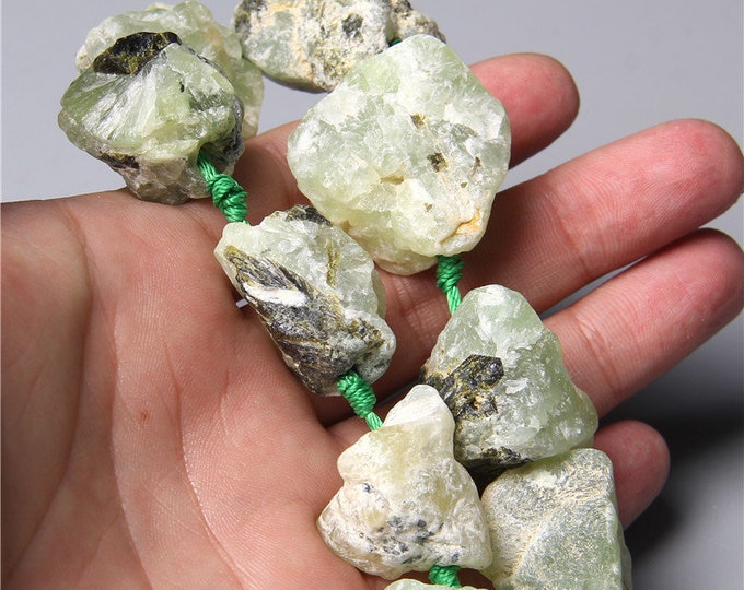 Large Raw Prehnite Nuggets Beads | Drilled Raw Natural Gemstone Beads | Sold by 7 Inch Strand | Size 18-25mm