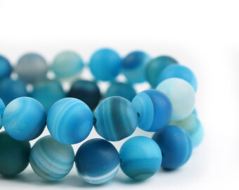 Stripe Agate Beads | Matte Blue | Round Natural Gemstone Loose Beads | Sold by Strand | Size 6mm 8mm 10mm 12mm 14mm