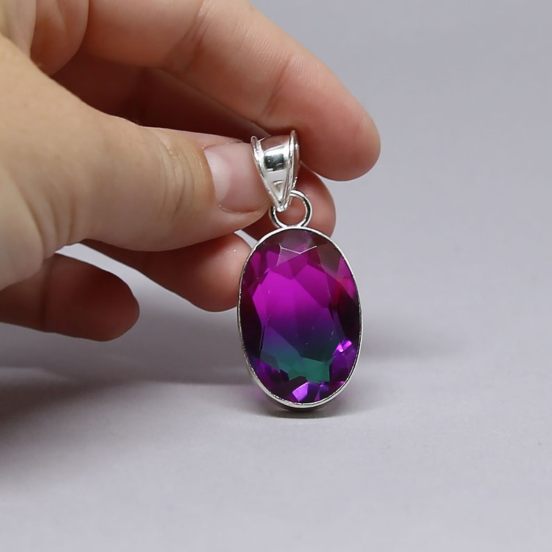 925 Vintage Rectangular Black Blue Multi Color Pendant with Amethyst in Sterling Silver Mount