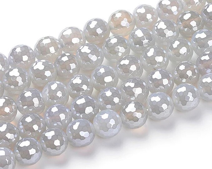 A Grade Plated Natural Gray White Agate Gemstone Faceted Round Beads | Sold by 15 Inch Strand | Size 10-10.5mm