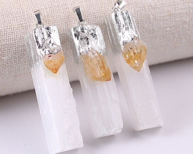 White Selenite Gypsum Pendant with Raw Citrine | Silver Edged | Natural Gemstone Loose Pendant Bead | Sold by Piece | Size 45-60mm