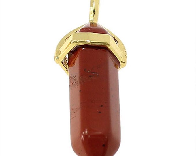 ONE Natural Red Jasper Gemstone Faceted Bullet Pendant | Gold Color Zinc Alloy Bail | Size 36-40x12mm