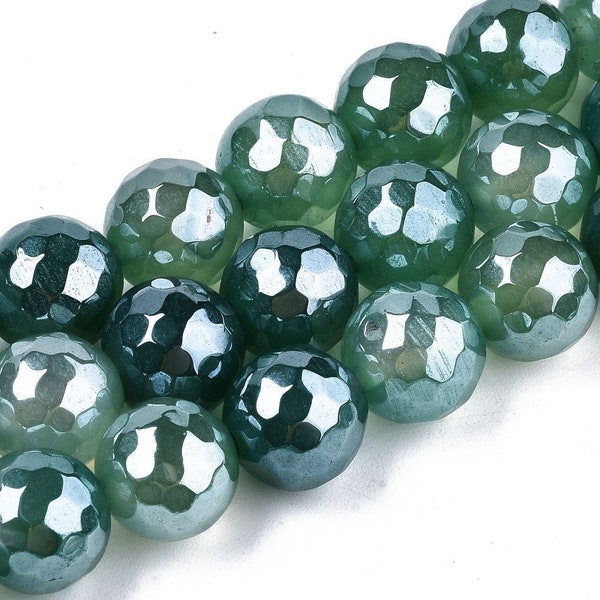 AA Grade Natural Sea Green Plated Faceted Agate Gemstone Beads | Sold by 15 Inch Strand | Size 10-10.5mm