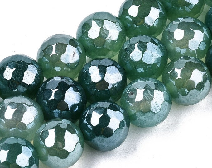 AA Grade Natural Sea Green Plated Faceted Agate Gemstone Beads | Sold by 15 Inch Strand | Size 10-10.5mm