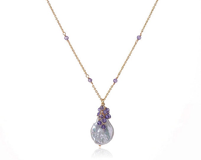 Baroque Pearl Chain Necklace with Purple Amethyst | 18K Gold Plated Chain | Length 16 Inch