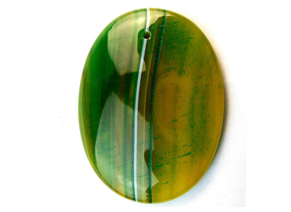 Natural Green Yellow Stripes Agate Oval Gemstone Pendant Focal Bead