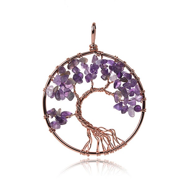 Purple Amethyst Tree of Life Gemstone Pendant | Chakra Healing Pendant | Copper Color Brass | Size 50mm