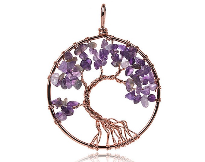 Purple Amethyst Tree of Life Gemstone Pendant | Chakra Healing Pendant | Copper Color Brass | Size 50mm