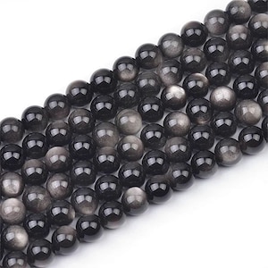 AA Grade Silver Sheen Black Obsidian Round Beads - 15 Inch Strand