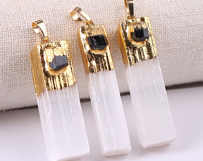 White Selenite Gypsum Pendant with Raw Black Tourmaline | Gold Edged | Natural Gemstone Loose Pendant Bead | Sold by Piece | Size 45-60mm