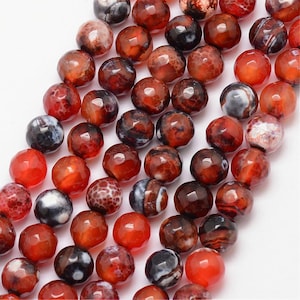 Natural Red Brown Fire Agate Gemstone Faceted Round Beads | Sold by 15 Inch Strand | Size 8mm