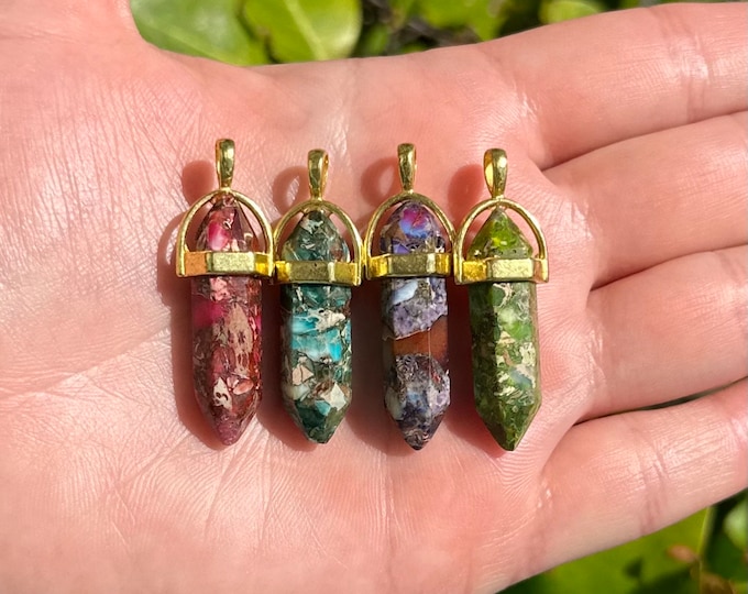 ONE Natural Sea Sediment Jasper Gemstone Faceted Bullet Pendant | Gold Color Zinc Alloy Bail | Size 36-40x12mm