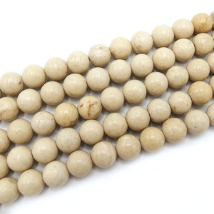 May include: A strand of beige round beads made of fossilized coral. The beads are smooth and have a natural, organic texture.
