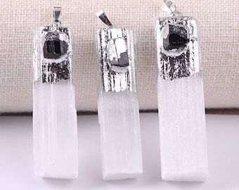 ONE Silver Edged Natural White Selenite Gypsum Gemstone Pendant with Raw Black Tourmaline | Size 45-60mm