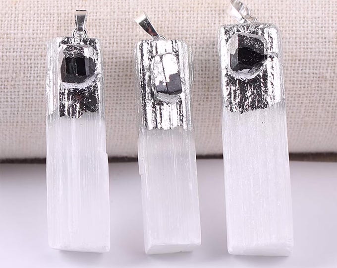 ONE Silver Edged Natural White Selenite Gypsum Gemstone Pendant with Raw Black Tourmaline | Size 45-60mm