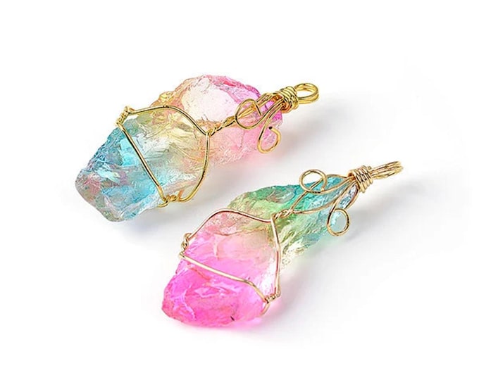 ONE Aura Quartz Crystal Rough Nuggets Brass Wire Wraped Pendant | Size 22~24x44~46mm