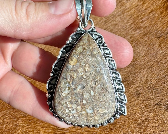 Natural Coral Fossil Gemstone Pendant | 925 Sterling Silver | Teardrop Focal Bead | Size 2.5 inch