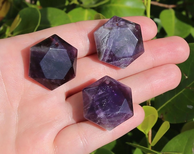 ONE Natural Dark Purple Amethyst Gemstone Merkaba Faceted Hexagon Pendant | Size 25mm | Hole 2mm