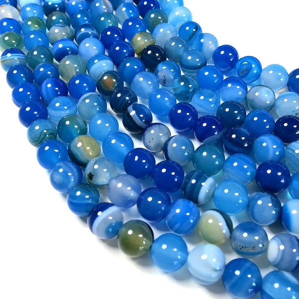 Blue Stripe Agate Beads | Round Natural Gemstone Loose Beads | Sold by Strand | Size 6mm 8mm 10mm