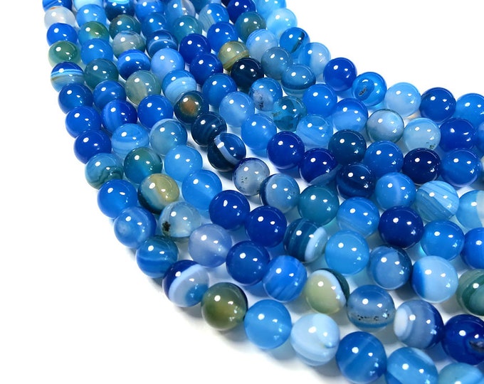 Blue Stripe Agate Beads | Round Natural Gemstone Loose Beads | Sold by Strand | Size 6mm 8mm 10mm