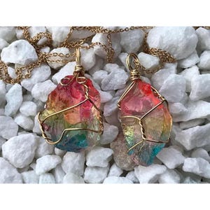 ONE Aura Quartz Healing Crystal Pendant - Irregular Rainbow Crystal Quartz Necklace - Wire Wrapped Rainbow Crystal Pendant