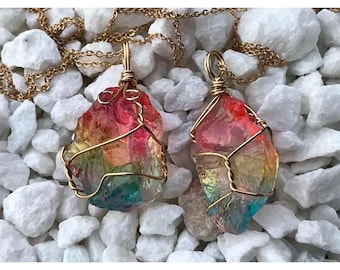 ONE Aura Quartz Healing Crystal Pendant - Irregular Rainbow Crystal Quartz Necklace - Wire Wrapped Rainbow Crystal Pendant