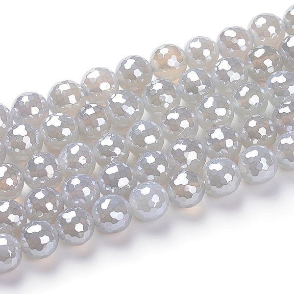 A Grade Natural Gray White Plated Faceted Agate Gemstone Beads | Sold by 15 Inch Strand | Size 10-10.5mm