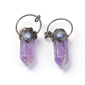 ONE Natural Amethyst Gemstone Hexagonal Prism Vintage Brass Pendant | Size 15x45mm