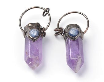 ONE Natural Amethyst Gemstone Hexagonal Prism Vintage Brass Pendant | Size 15x45mm