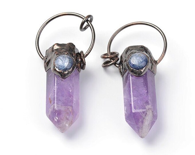 ONE Natural Amethyst Gemstone Hexagonal Prism Vintage Brass Pendant | Size 15x45mm