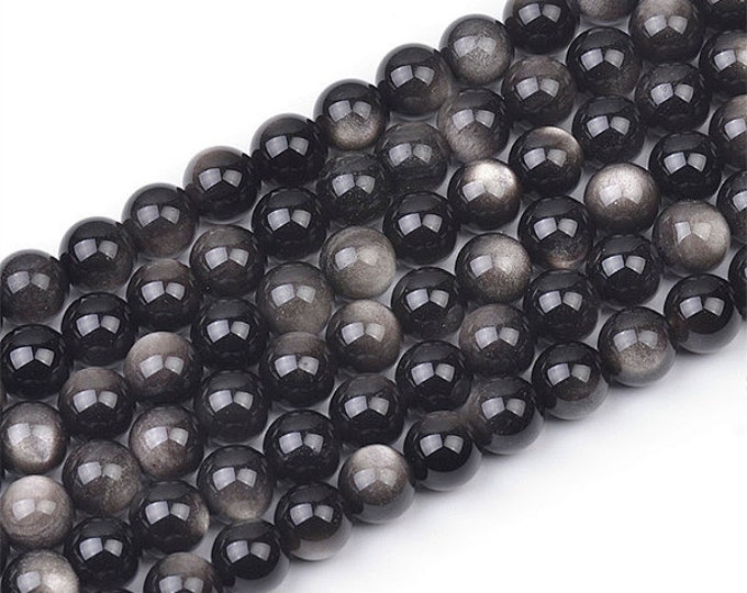 AA Grade Natural Silver Sheen Black Obsidian Gemstone Round Beads | Sold by 15 Inch Strand | Size 6mm 8mm 10mm 12mm 14mm