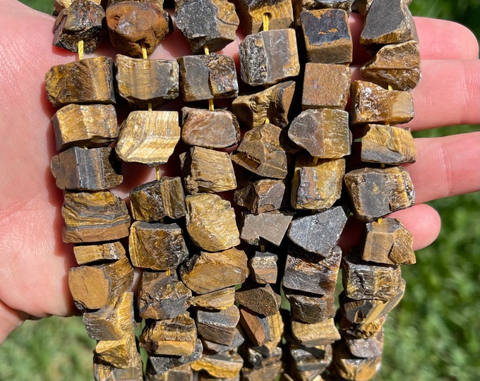 Natural Tiger Eye Nuggets Beads | Drilled Raw Natural Gemstone Loose Beads | Sold by 7 Inch Strand | Size 6~15mm